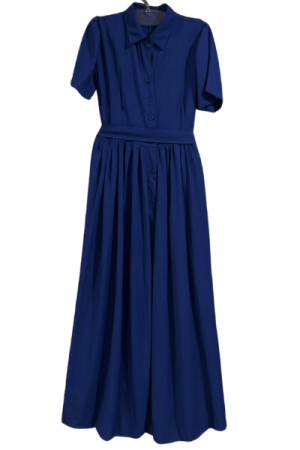 Vestido Longo Gola e Botões Azul Royal com Faixa na Cintura – G
