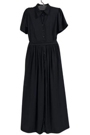 Vestido Longo Gola e Botões Preto com Faixa na Cintura - M