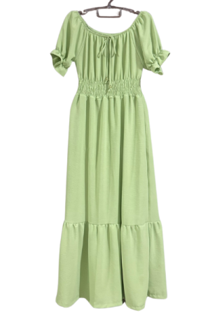 Vestido Longo Manga Curta com Elástico na Cintura - Cor Verde Menta - M
