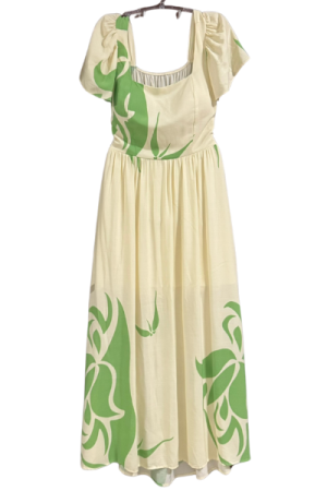 Vestido Longo de Manga Curta – Bege Estampado em Verde - G