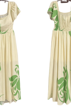 Vestido Longo de Manga Curta – Bege Estampado em Verde - G