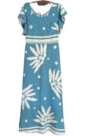 Vestido Longo de Manga Curta – Estampado em Verde Água - Único